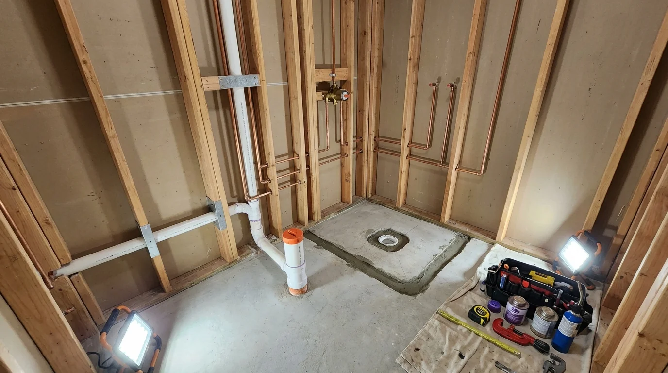 Bathroom rough-in plumbing during remodel by Johns Plumbing LLC in Staples