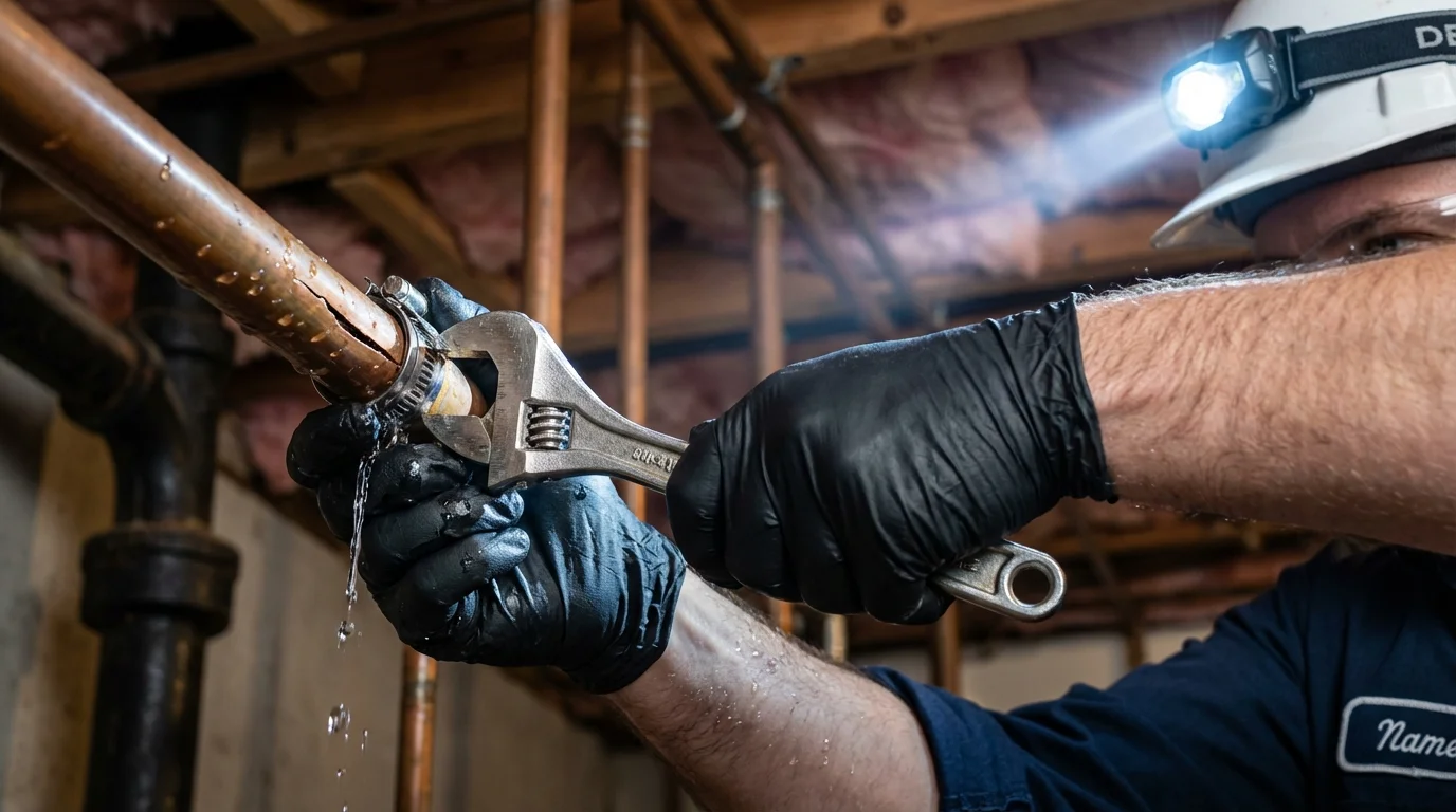 Emergency pipe clamp repair being performed by a Johns Plumbing LLC plumber in Staples