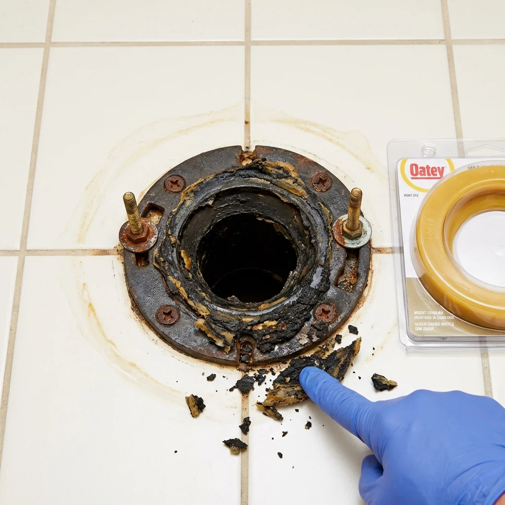Failed wax ring showing water seepage at the base of a toilet in a Staples, MN home