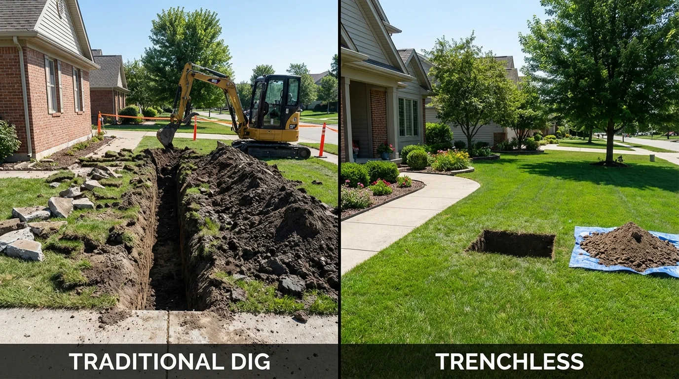 Trenchless sewer repair with minimal yard damage versus traditional excavation in Staples, MN