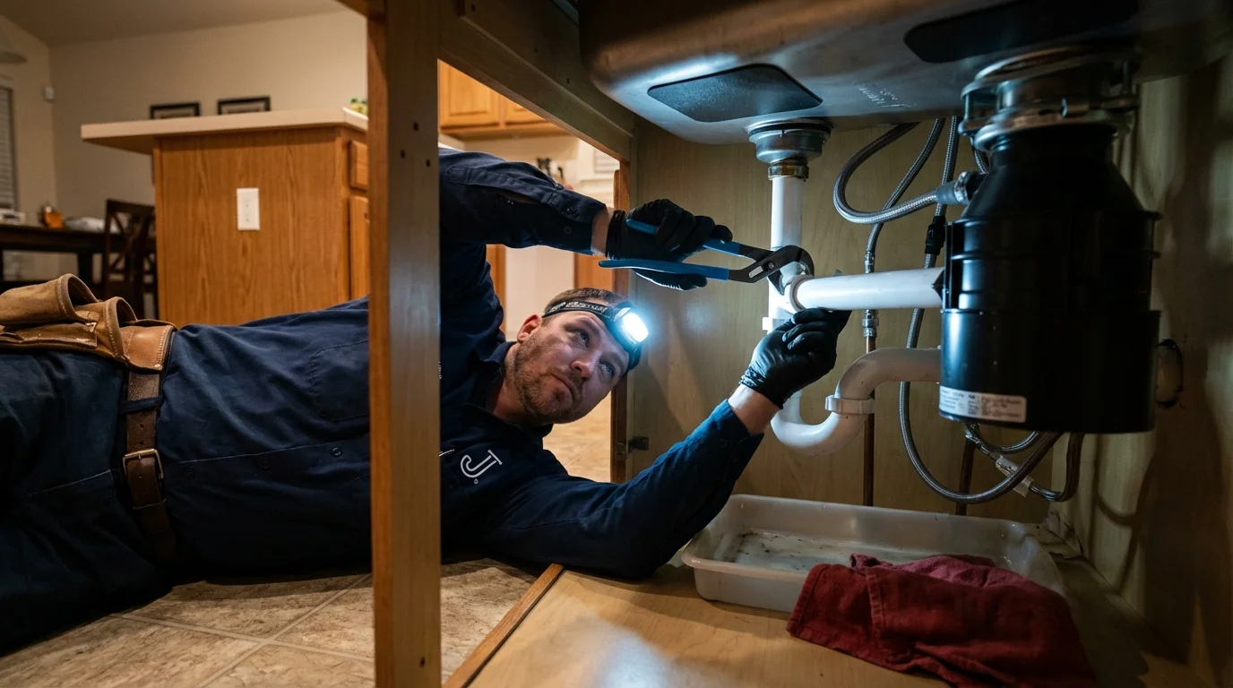 P-trap and supply line connections under a kitchen sink showing a common leak point in Staples, MN